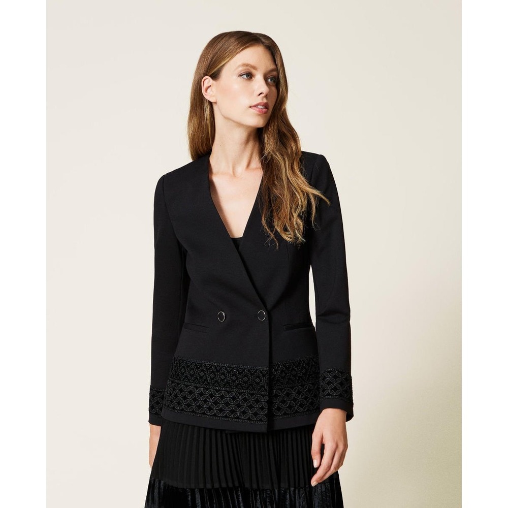 NWT TWINSET Milano Black Ponte Knit Blazer‎ Velvet Embroidery Trim Jacket 40 XS